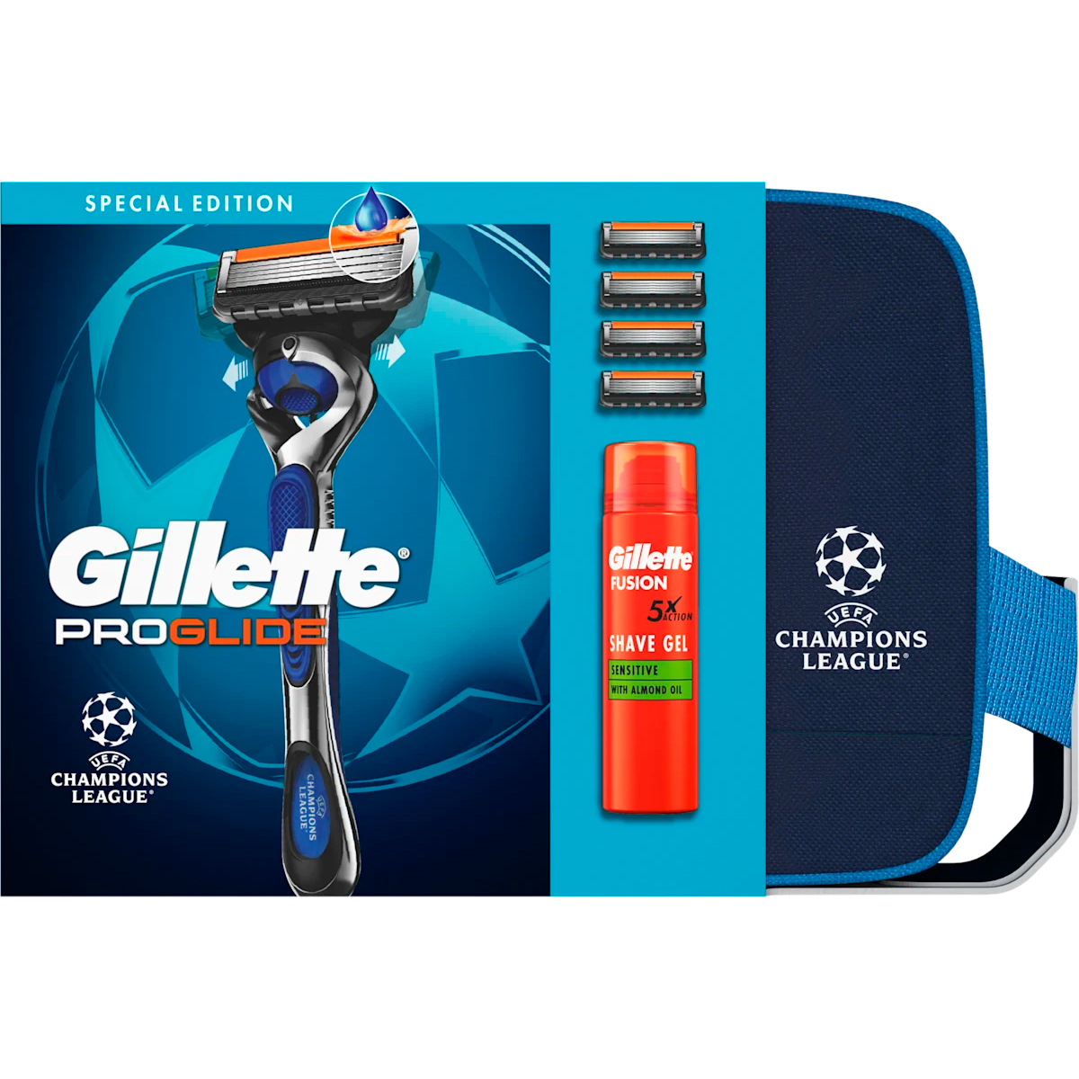 GILLETTE ProGlide UEFA Champions League Toilettaske + Barberskraber + 4 Barberblade + Fusion5 Barberskum
