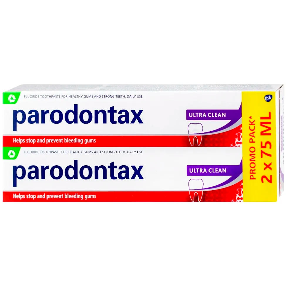 PARODONTAX Ultra Clean Tandpasta 2 x 75 ml Effektiv beskyttelse mod blødende tandkød (Dobbeltpakke)