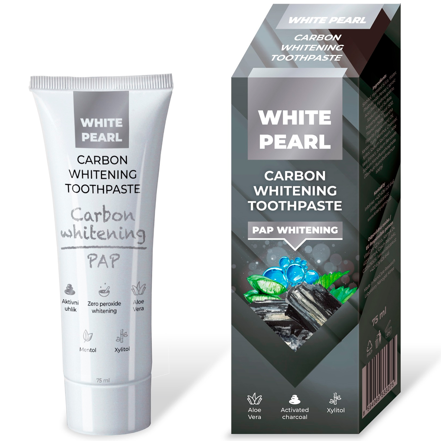 Hydroxyapatit Whitening Tandpasta WHITE PEARL Charcoal & PAP 75 ml