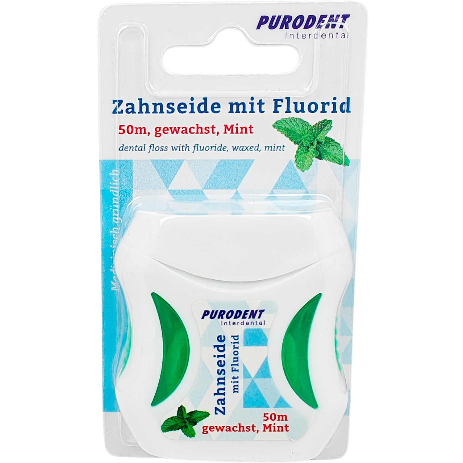 PURODENT Interdental Zahnseide mit Fluor – 50 m, gewachst, mint