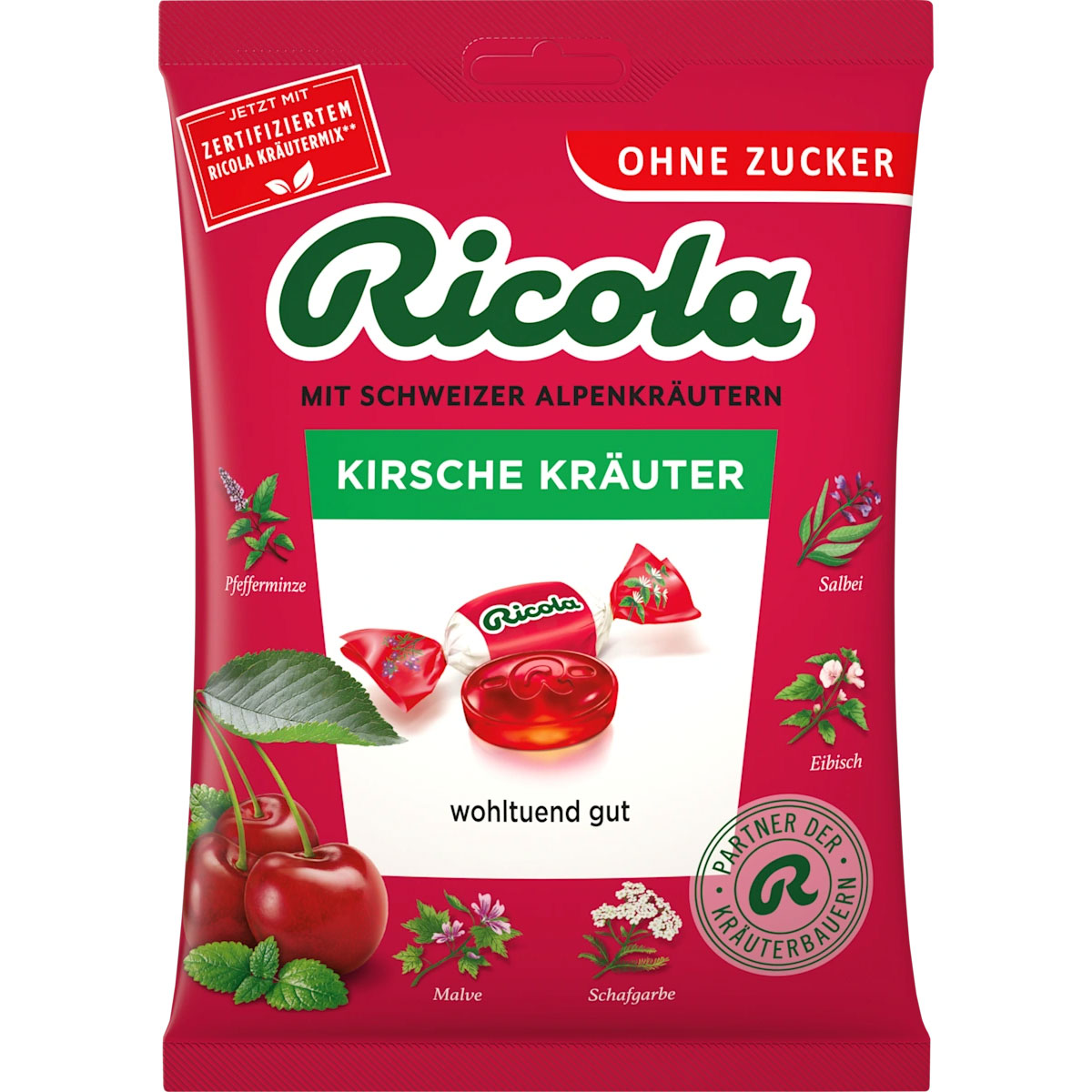 RICOLA Cherry Zuckerfreie Kräuterbonbons mit frischem Kirschgeschmack (75g)