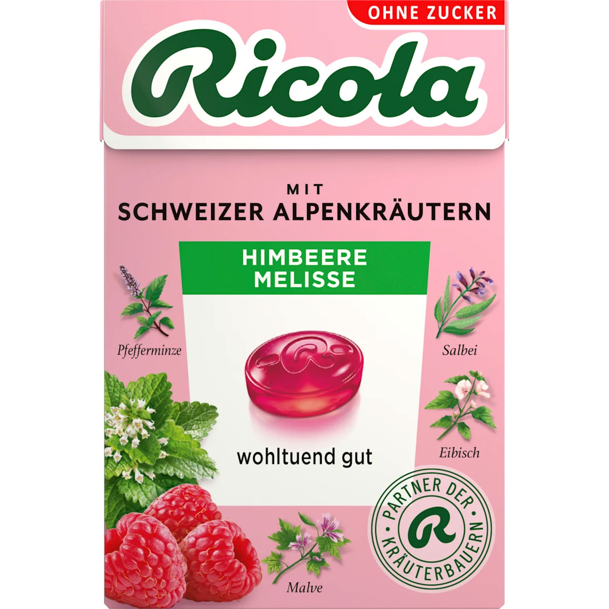 RICOLA Hindbær & Citronmelisse sukkerfri urtebolcher med frisk bærsmag (50g) - Ricola Urte-bolsjer - Halspastiller