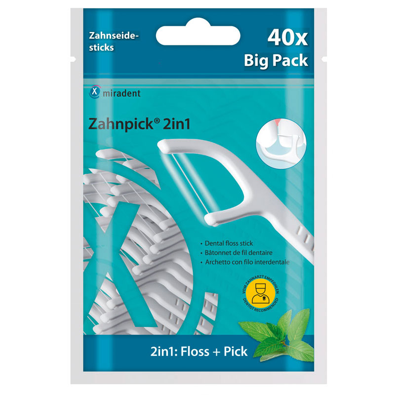 Tandtrådsbøjler MIRADENT Zahnpick 2in1 Tandtråd & tandstik (40 stk.) - Flosser / Tandtråd bøjler - Tandtråd / Tandstikker / Flosser