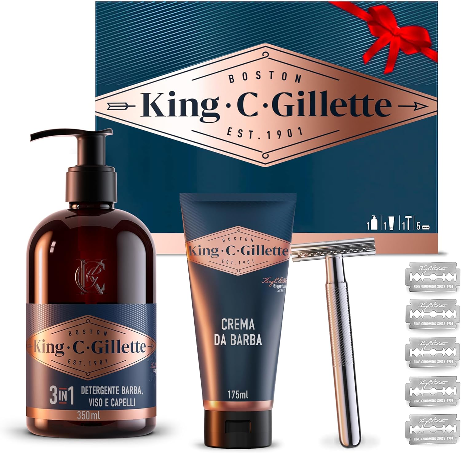 KING C. Gillette Gaveæske med Barberskraber, 5 Barberblade, Gel og Skægrens - Gillette King C.