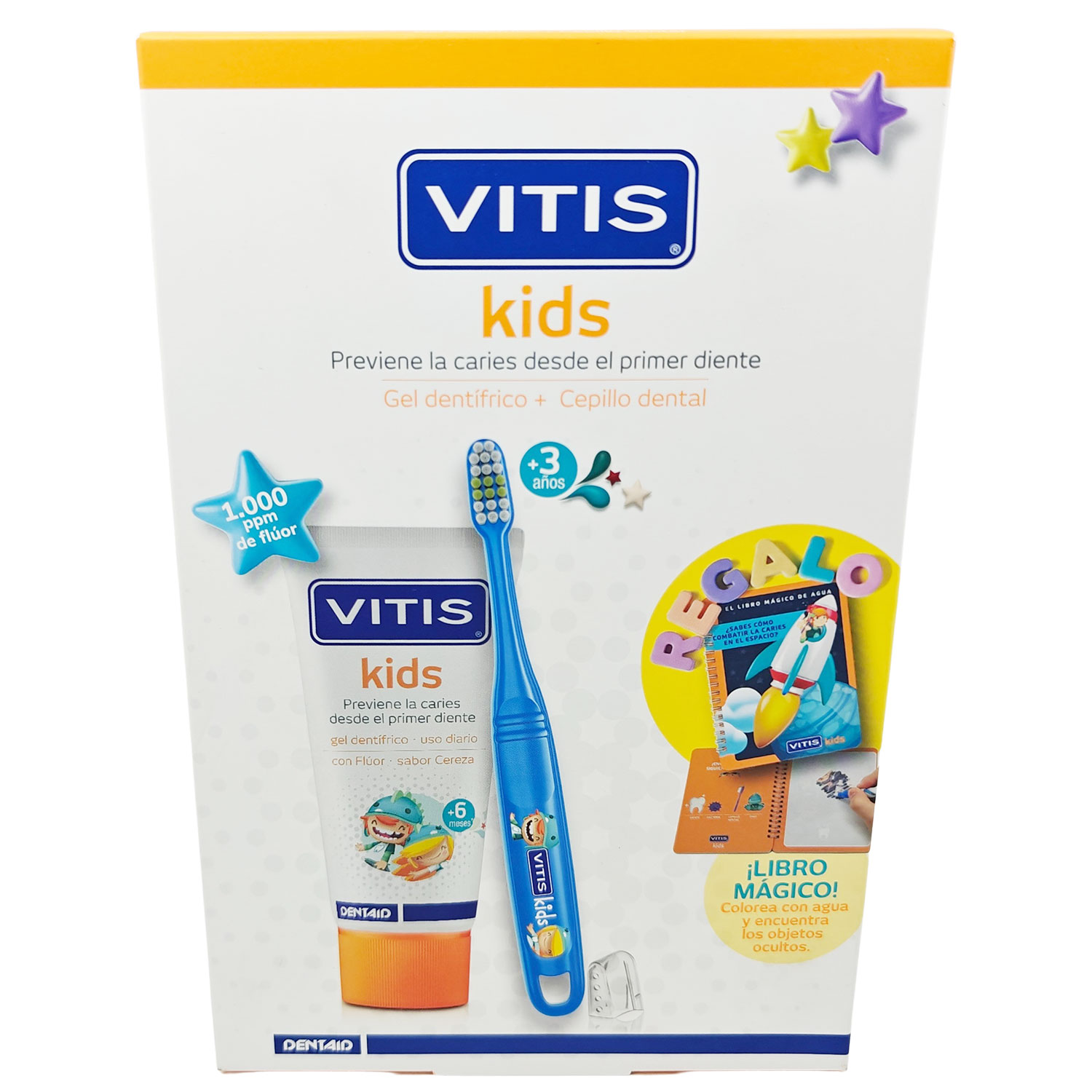 VITIS Kids Gavesæt Tandbørste, Xylitol Tandpasta og magisk malebog - Børnetandpasta - Tandpleje til børn