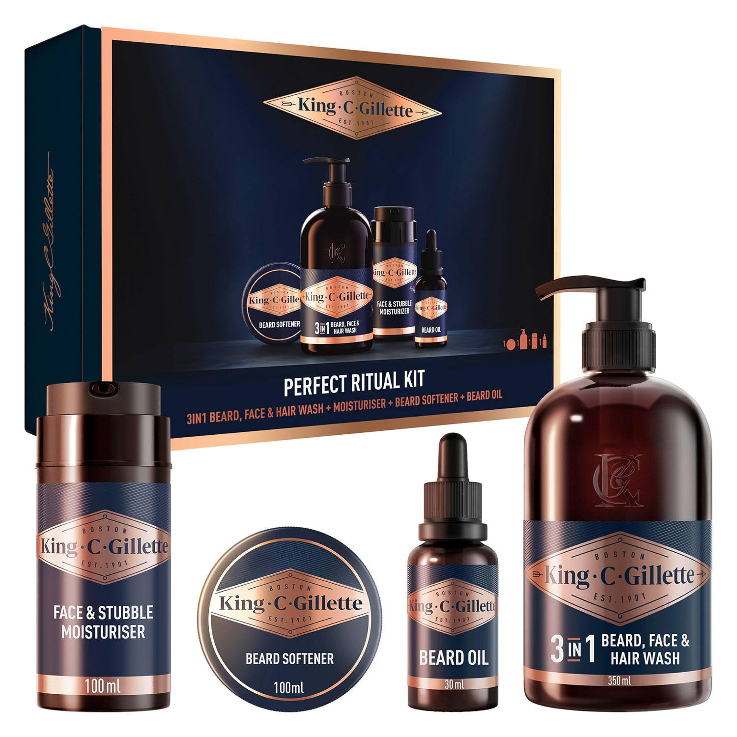 King C. Gillette Perfect Ritual Kit Komplettes Bart- und Gesichtspflegeset für den modernen Gentleman