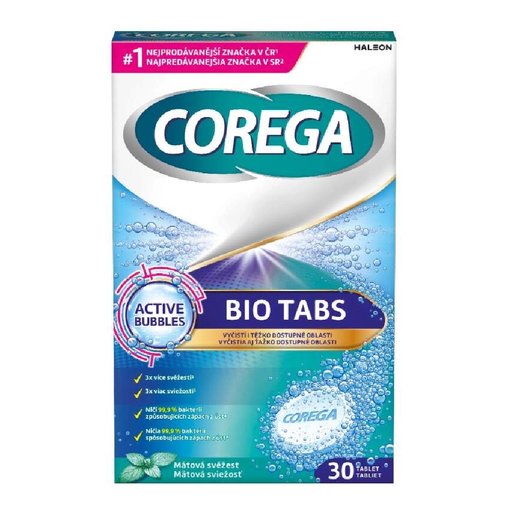 Corega Bio Tabs Active Bubbles Reinigungstabletten für Zahnprothesen 30 Stk.