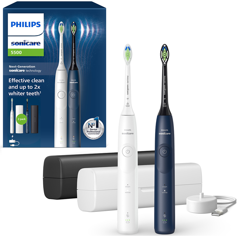 Philips Sonicare 5500 Duo Pack 2 elektrische Zahnbürsten mit Sonic-Technologie, Reiseetuis & USB-Ladegerät