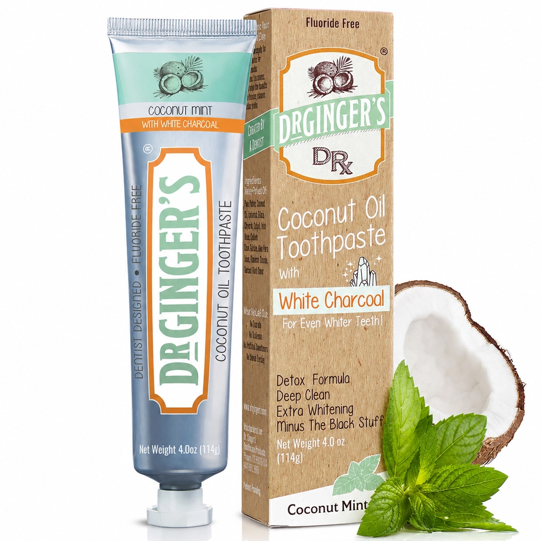 Dr. Ginger's Coconut Oil White Charcoal Coconut Mint Fluorfreie Zahnpasta mit Kokosöl und weißer Aktivkohle (114g)