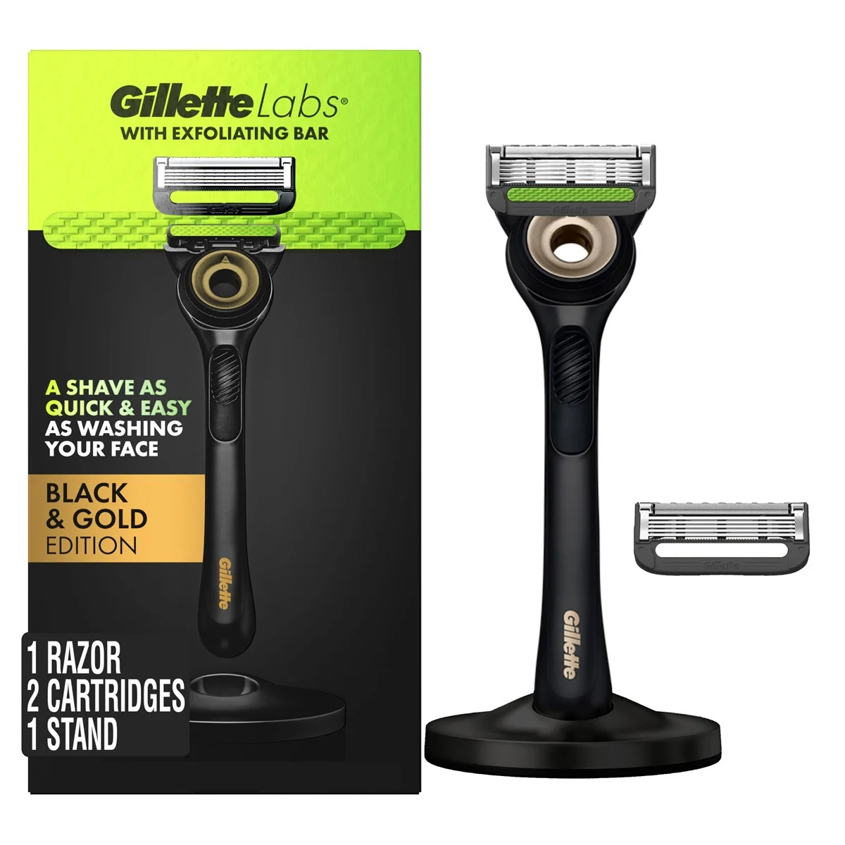 Gillette Labs Black & Gold Edition Rasierer mit Exfoliating Bar, 2 Rasierköpfe & Halter