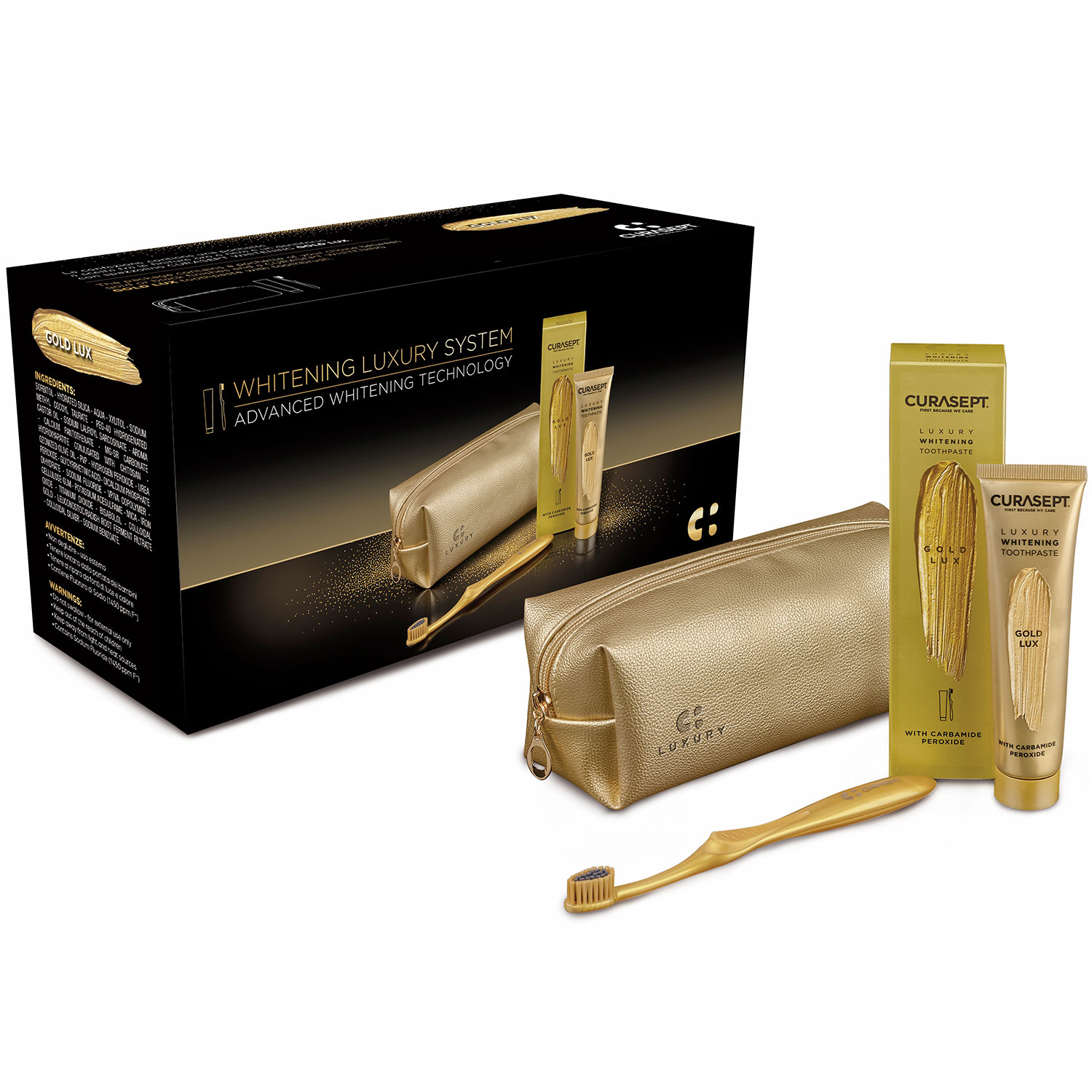 Zahnaufhellung Zahnpasta CURASEPT Luxury Gold + Zahnbürste + Beutel