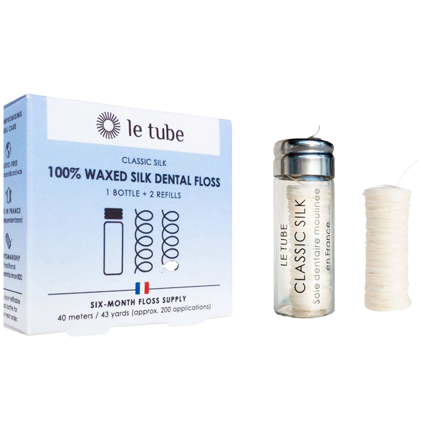 Tandtråd Økologisk Vokset Le Tube Classic Silke 2 x 20 mtr. + Glasdispenser - Le Tube Tandtråd - Tandtråd / Tandstikker / Flosser