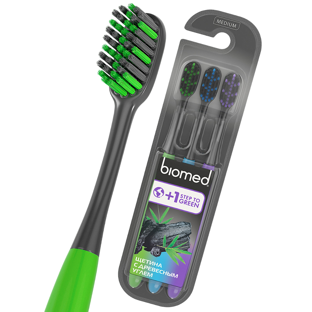 3 Stk. Biomed Complete Care Kohlezahnbürsten Medium