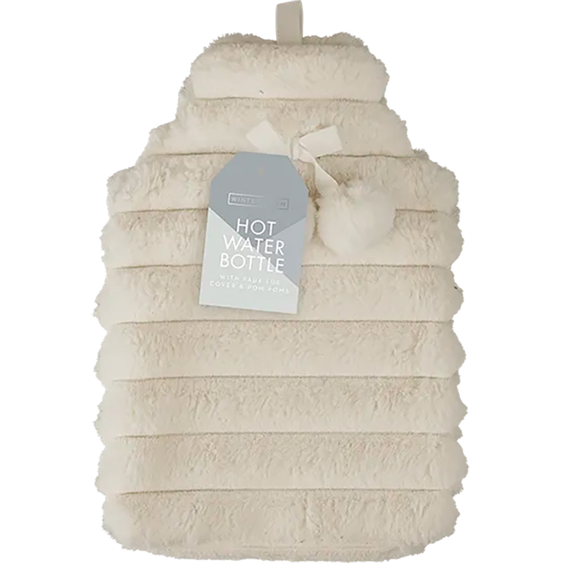 Varmedunk med faux fur-betræk og søde pomponer 1,7 liter HVID