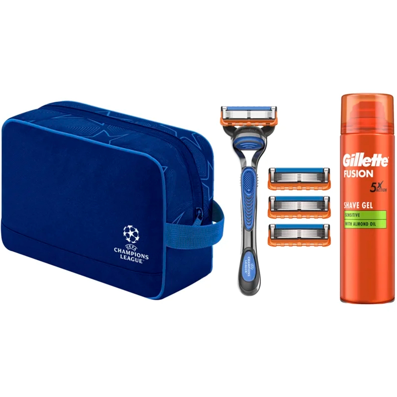 GILLETTE Fusion5 Barbersæt UEFA Champions League Special Edition Toilettaske