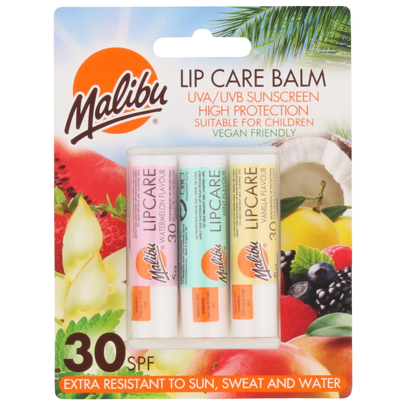 Malibu Lip Care Balm SPF 30 læbepomade med solbeskyttelse, 3 x 5 g - Malibu Sun