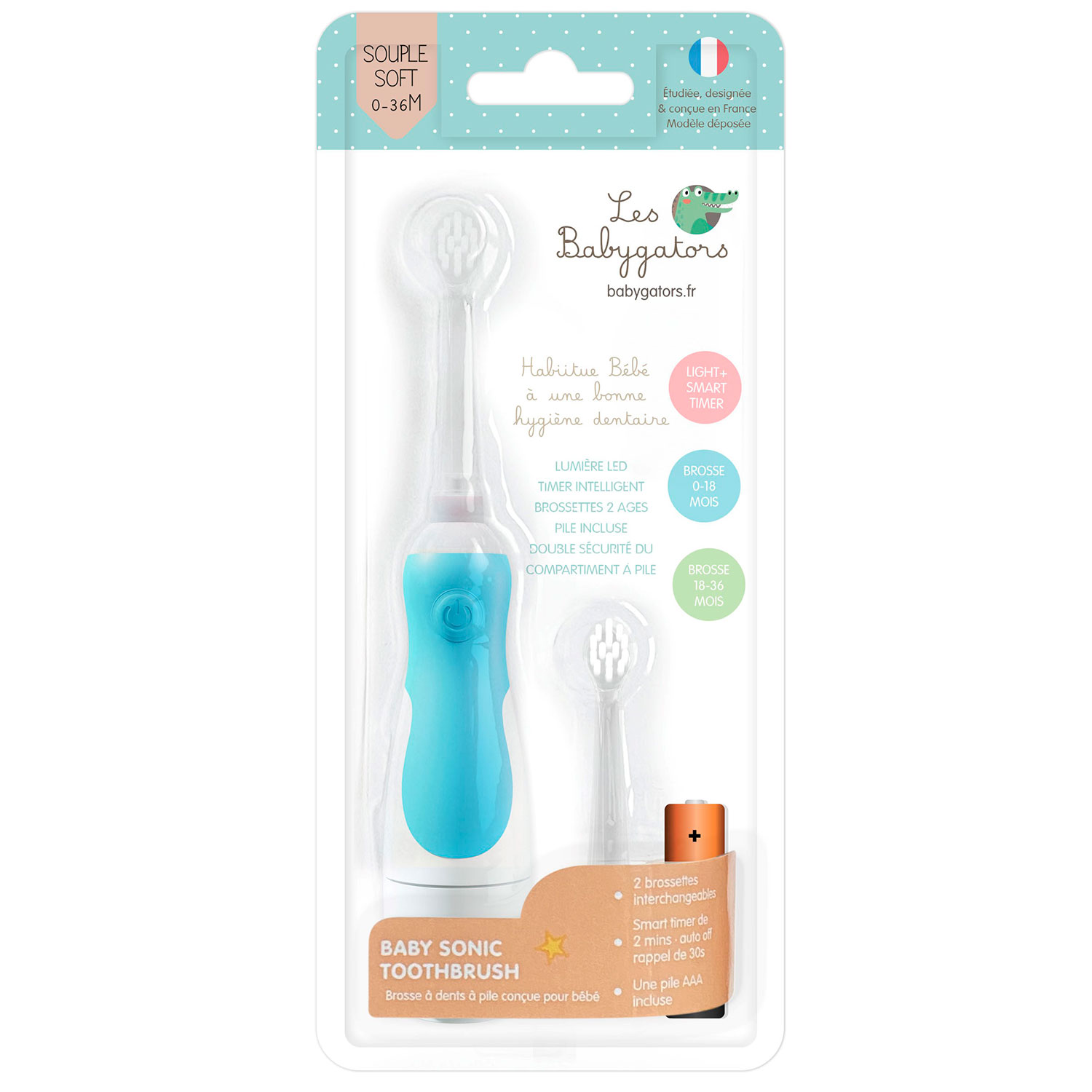 Elektrische Zahnbürste Baby 0-5 Jahre Les Babygators Sonic Battery BLAU