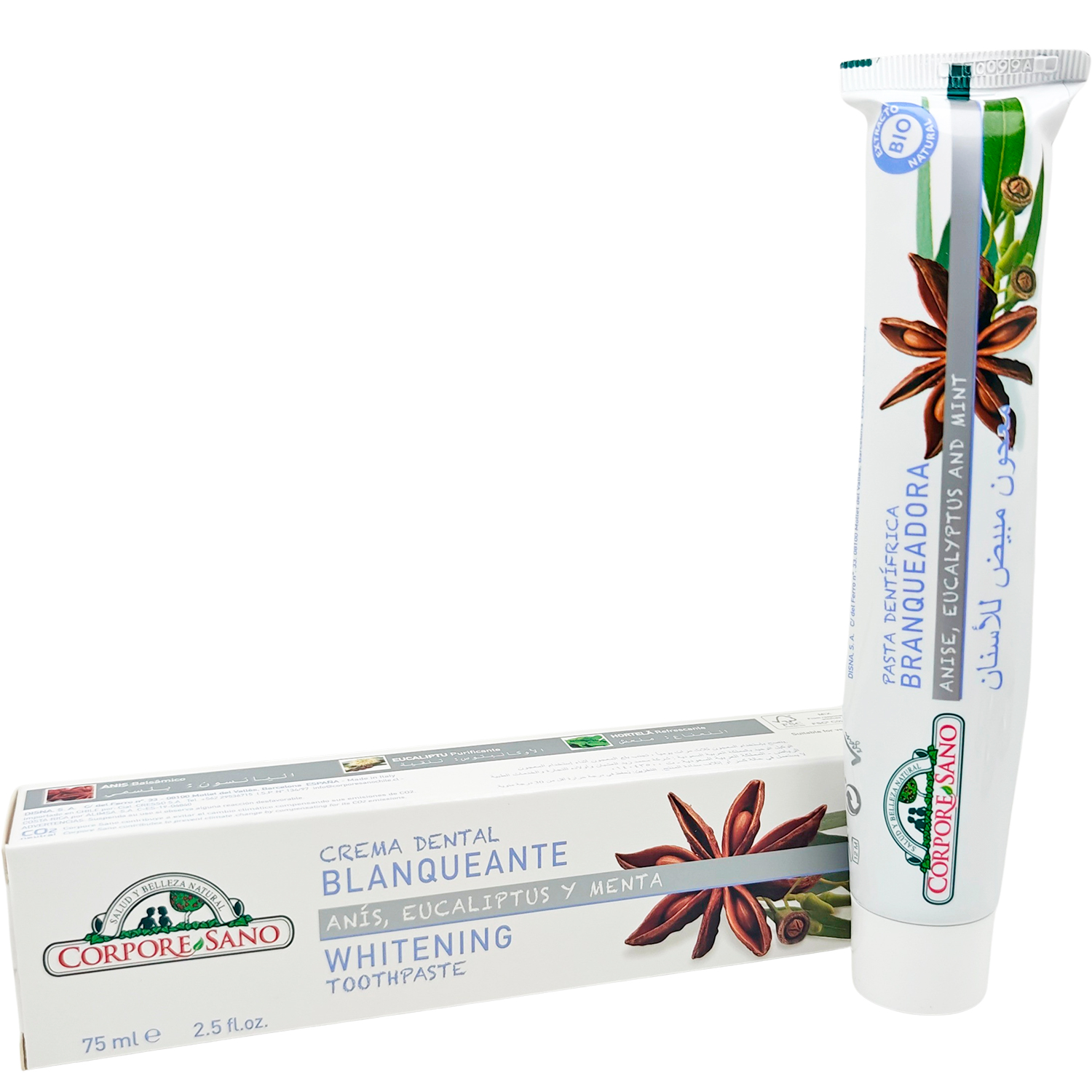 Natürliche Zahnpasta Whitening CORPORE SANO Anis, Eucalyptus und Mint 75 ml.