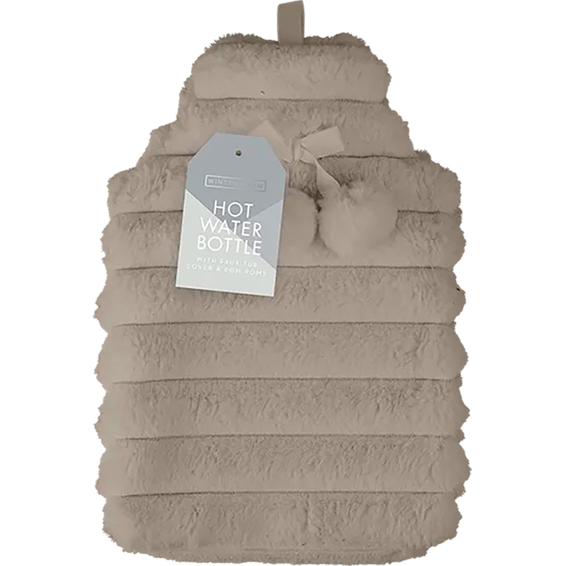 Wärmflasche mit Faux-Fell-Bezug und süßen Pompons 1,7 Liter BRAUN