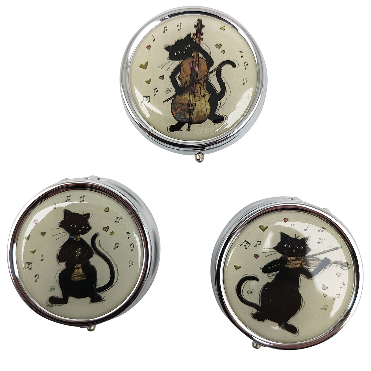 Pillendose mit Spieluhr, Katzen, rund, aus Metall