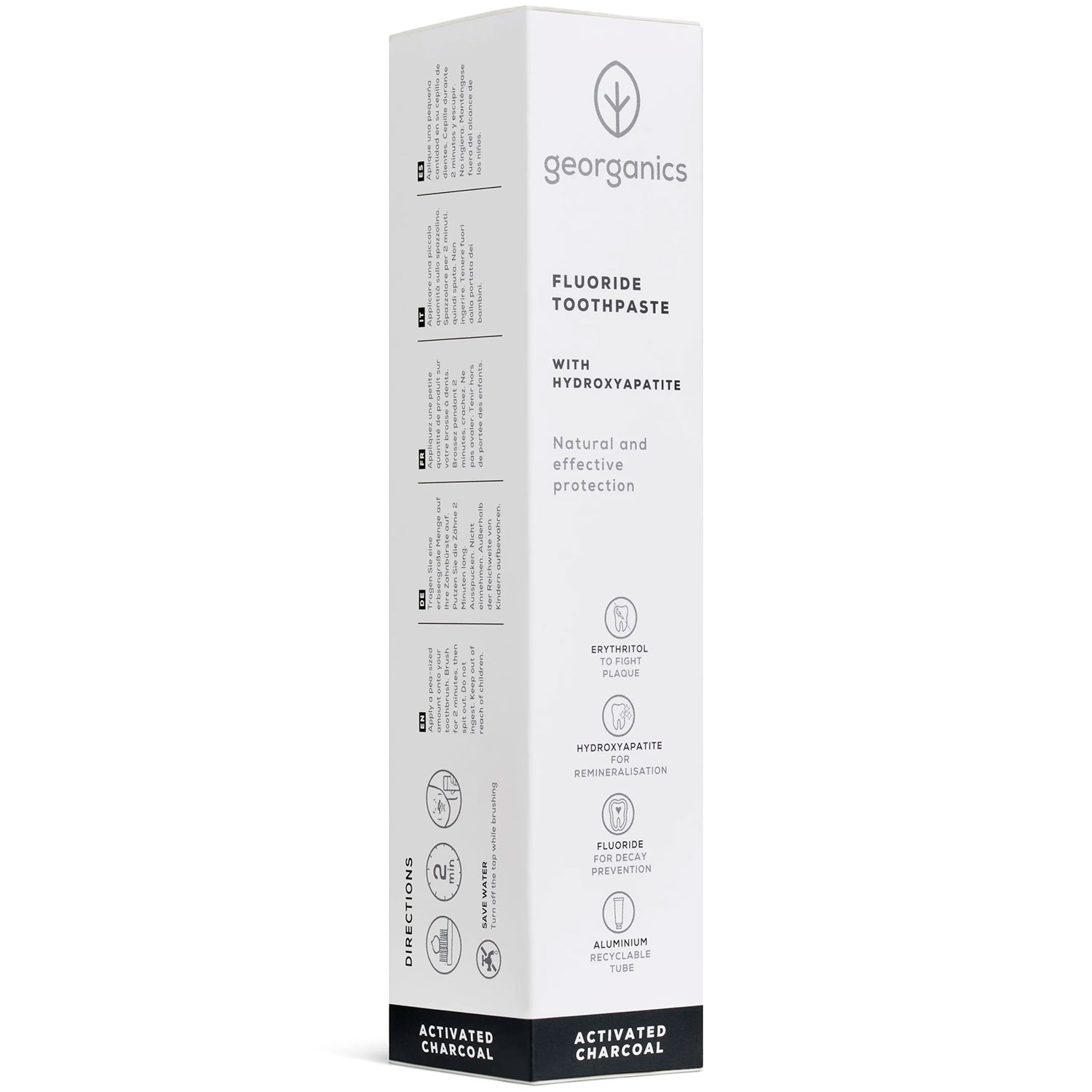 Naturlig Hydroxyapatit Tandpasta GEORGANICS Activated Charcoal & Fluor 75 ml
