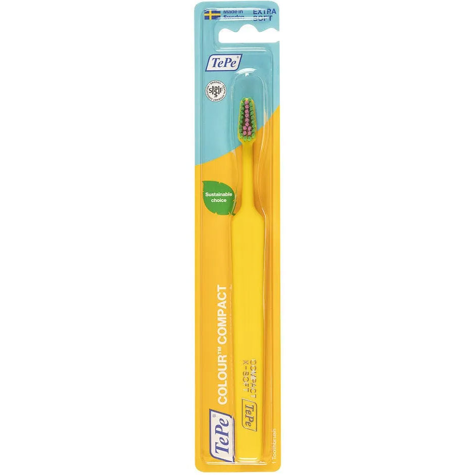 TePe Colour Compact Extra Soft Tandbørste ekstra skånsom pleje i kompakt format GUL