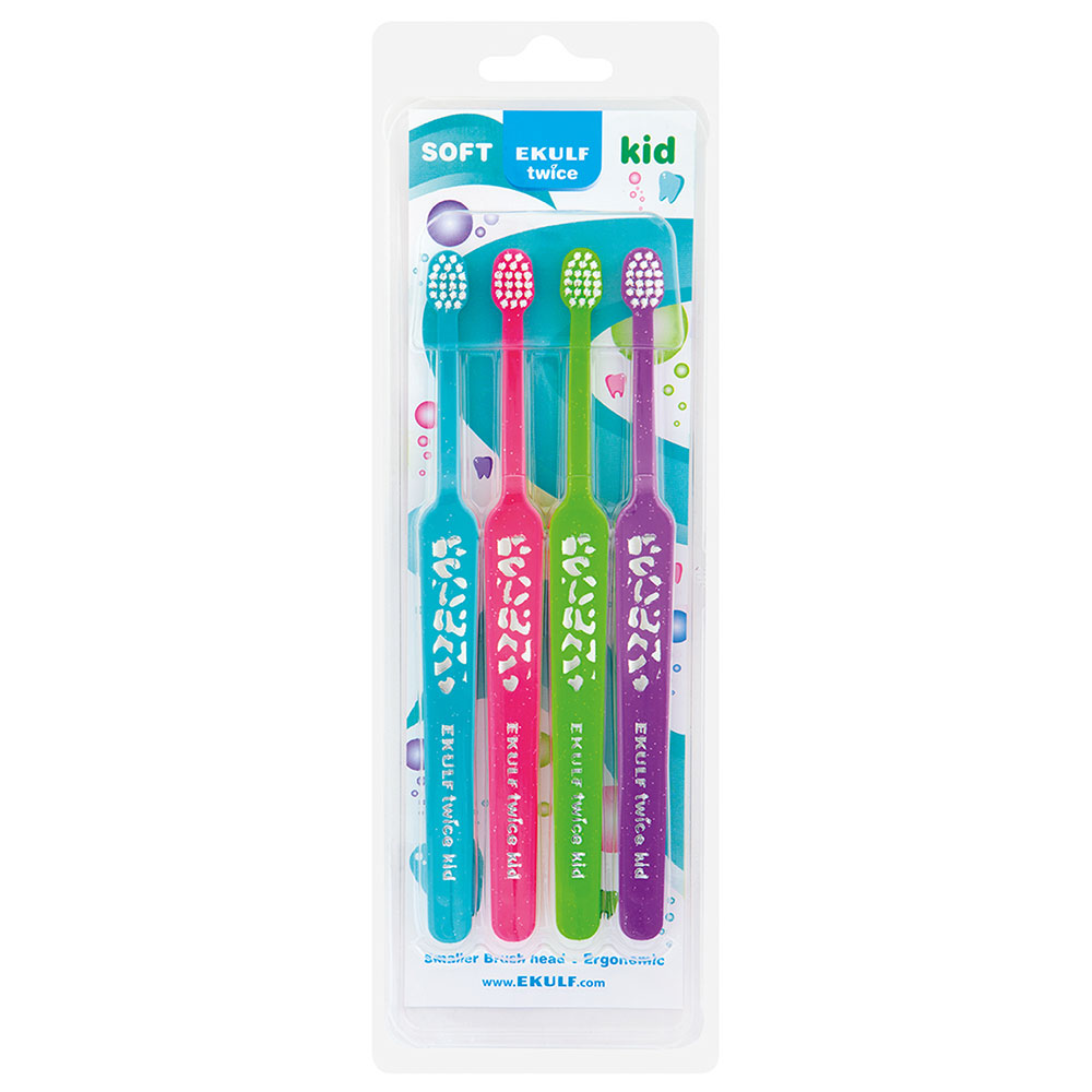 4 Stück Ekulf Twice KIDS Zahnbürsten für Kinder