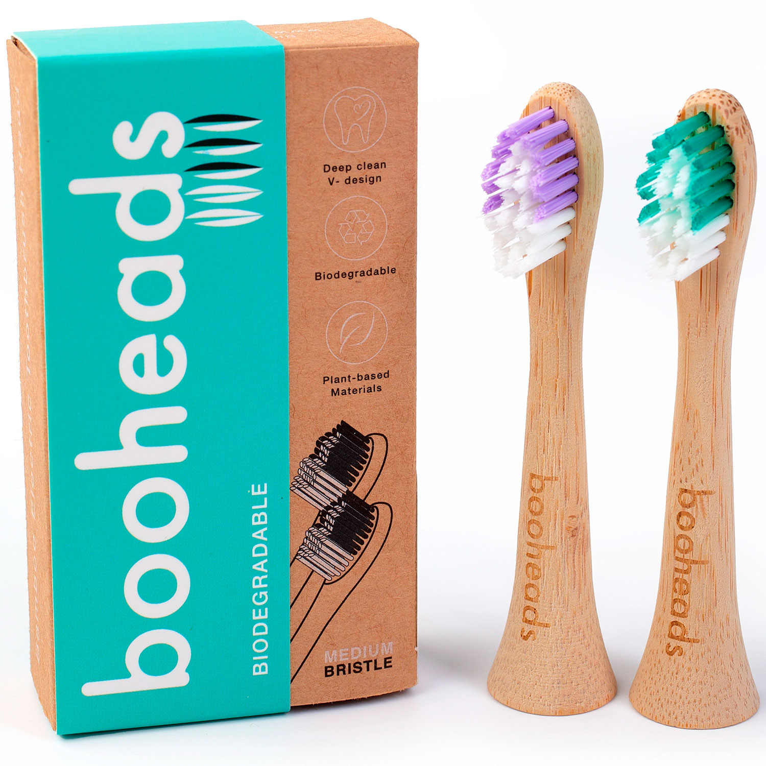Booheads Bambusbürstenköpfe für Philips Lila+Grün