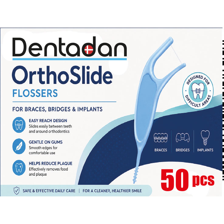 Dentadan OrthoSlide Flossers Effektive Tandtrådsbøjler rengøring til bøjle, broer og implantater (50 stk. - Dentadan Tandtråd / Tandstikker - Tandtråd