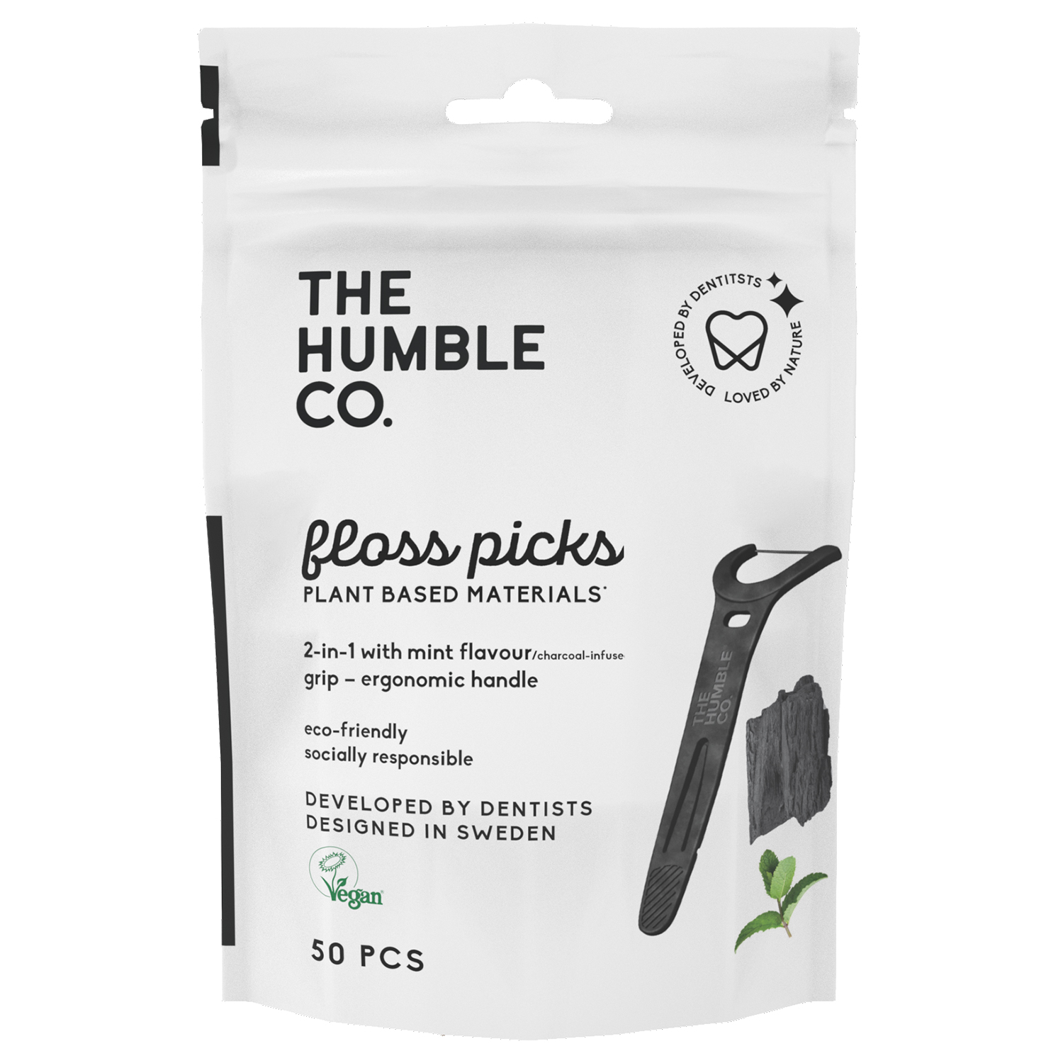 Zahnseide-Zahnspangen ohne PFAS The Humble Co. Floss Picks Grip Charcoal