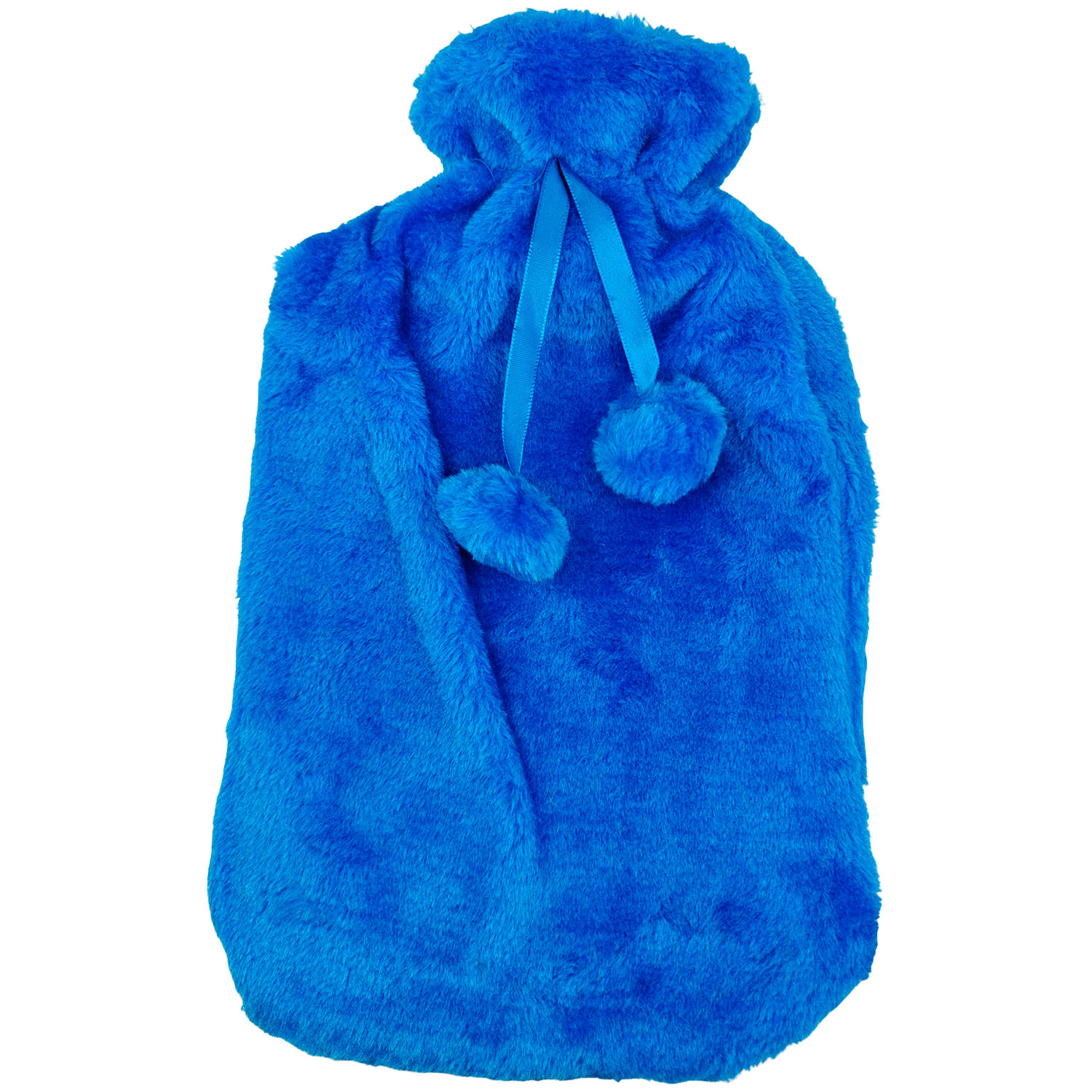 Wärmflasche Klassischer Plüschbezug & Pompons 2 Liter BLAU