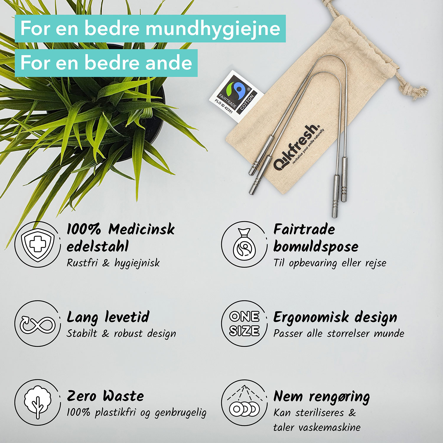Qikfresh Zungenschaber Edelstahl 2 Stk. Fairtrade-Tasche