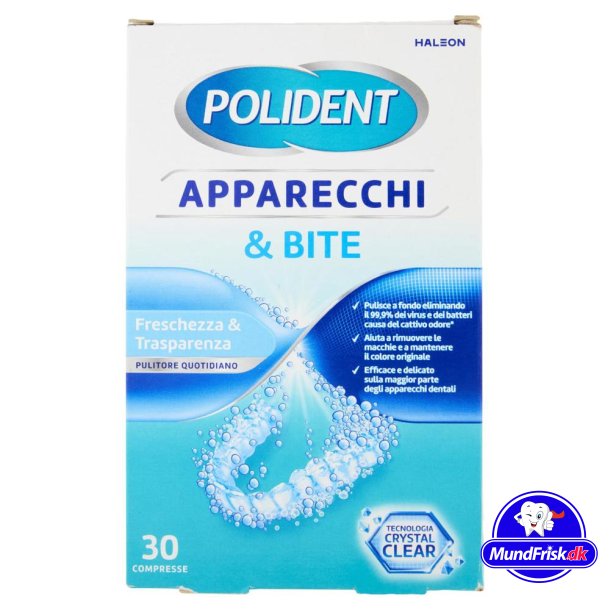 Rensetabletter til Bjler &amp; Bideskinner POLIDENT Crystal Clear 30 stk.
