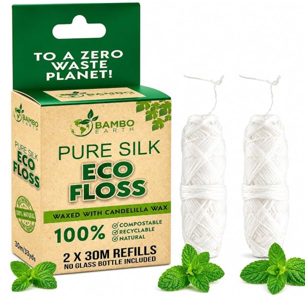 Bamboo Earth Pure Silk Eco Floss Refill � naturlig tandtr�d med mint - 2 � 30 meter