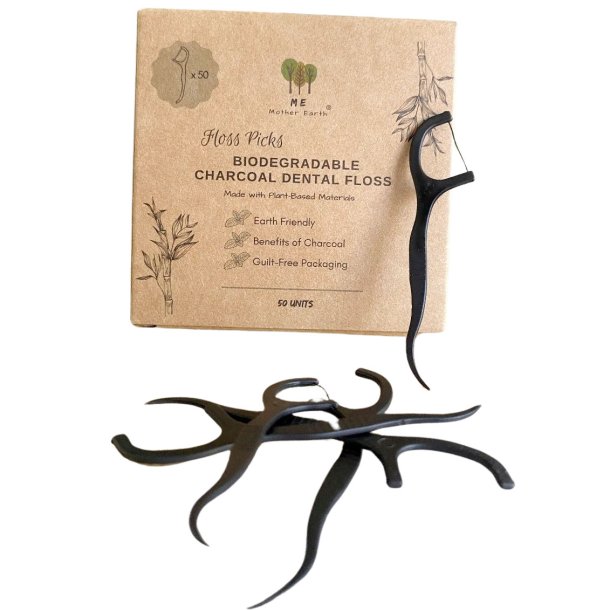 Biologiskt nedbrytbar Tandtrd Me Mother Earth Charcoal Flosser 50st