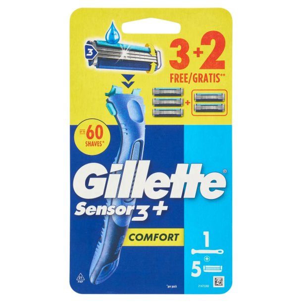 Gillette Sensor3+ Comfort Skraber med 5 Barberhoveder
