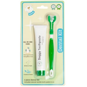 JoJo Natural Pet Kit de soins dentaires pour chiens – dentifrice � la vanille & brosse � dents 3 faces