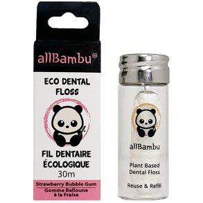 Bredygtig Tandtrd AllBambu Strawberry 30 mtr. + Glasdispenser