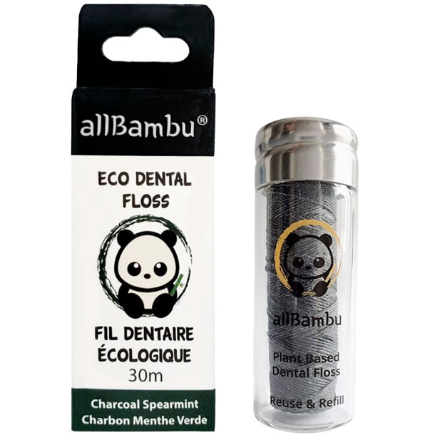 Bredygtig Tandtrd AllBambu Charcoal Spearmint 30 mtr. + Glasdispenser