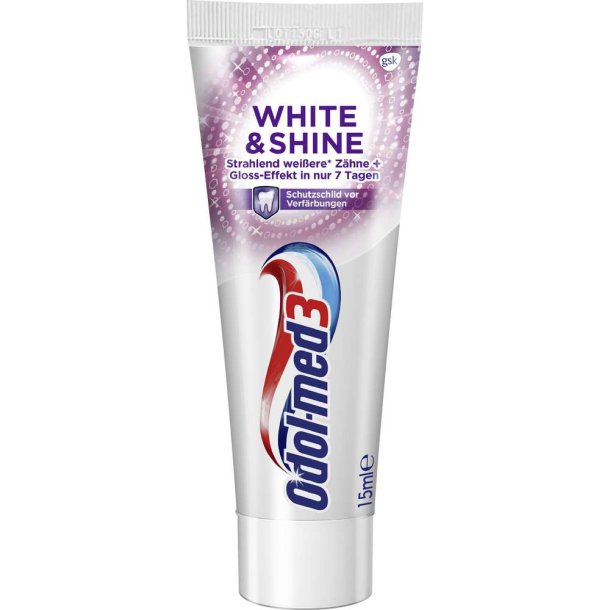 Tandblegning Tandpasta  Odol-med3 White &amp; Shine 15 ml.