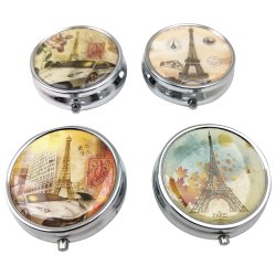Pilleboks Rund Eiffeltrnmotivetui i metall med 3 rom