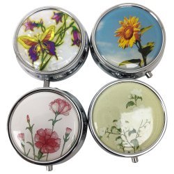 Pill Box Rund Metall Blommotiv Fodral Med 3 fack