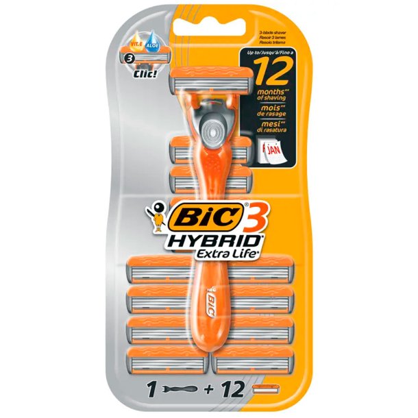 BIC 3 Extra Life Hybrid Barberskraber + 12 Barberblade