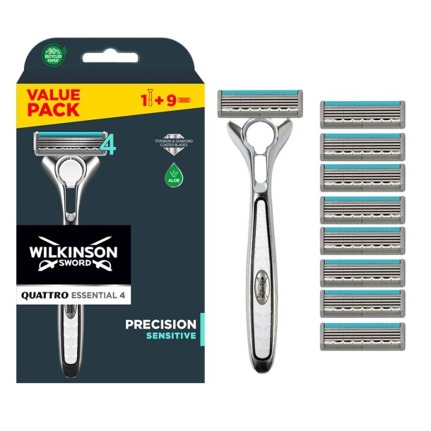 Wilkinson Quattro Essential 4 Titanium Barberskraber + 9 Sensitive Barberblade