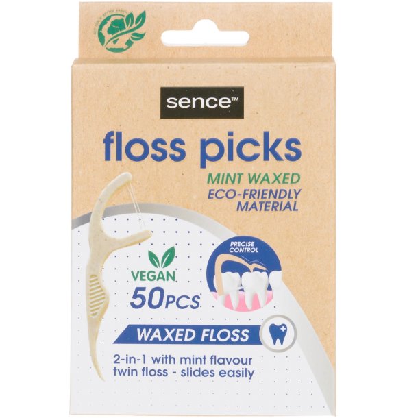 Tandtrd utan PFAS SENCE Eco Floss Picks Waxed Mint 50 st.