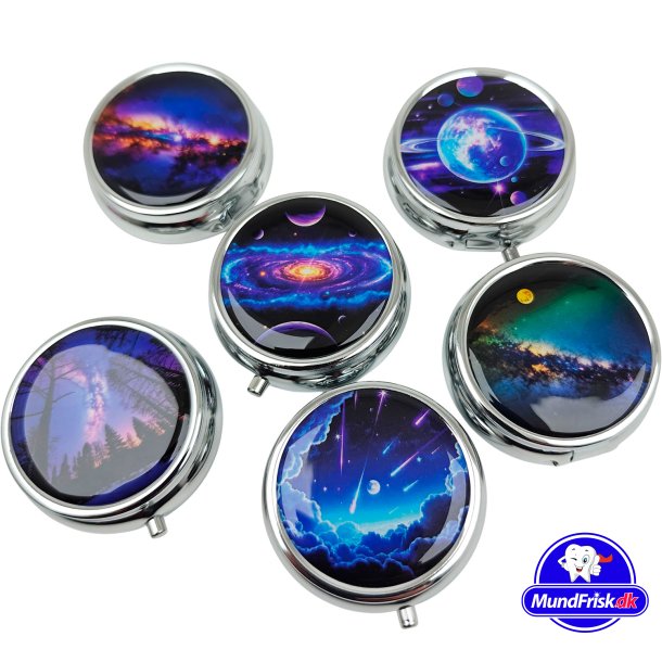 Pilleske Rund Metal Astro Motiver Etui Med 3 Rum