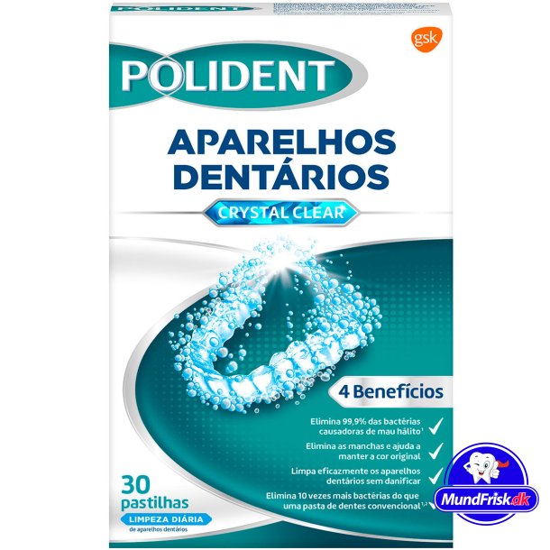 Rensetabletter til Bjler &amp; Bideskinner POLIDENT Crystal Clear 30 stk.