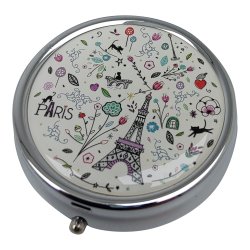 Pilleboks Rund Eiffeltrnmotivetui i metall med 3 rom