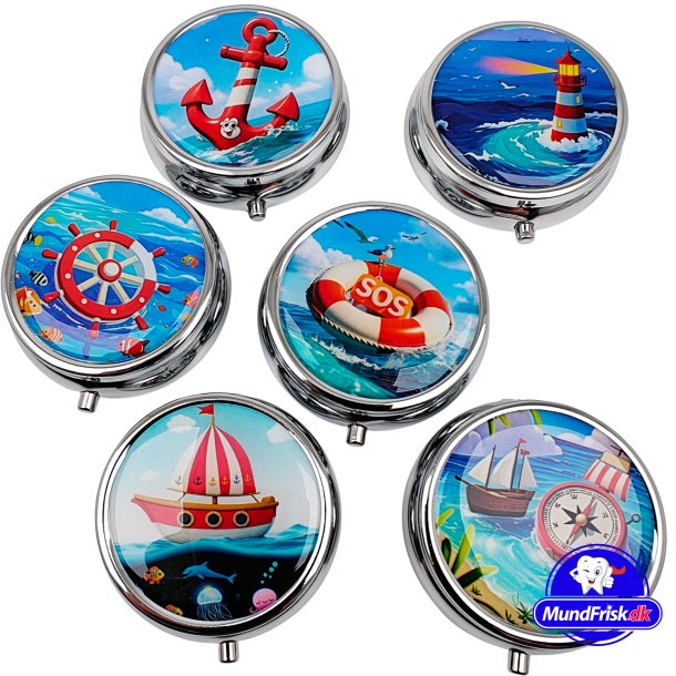 Pillendose mit maritimem Motiv, runde Pillendose aus Metall