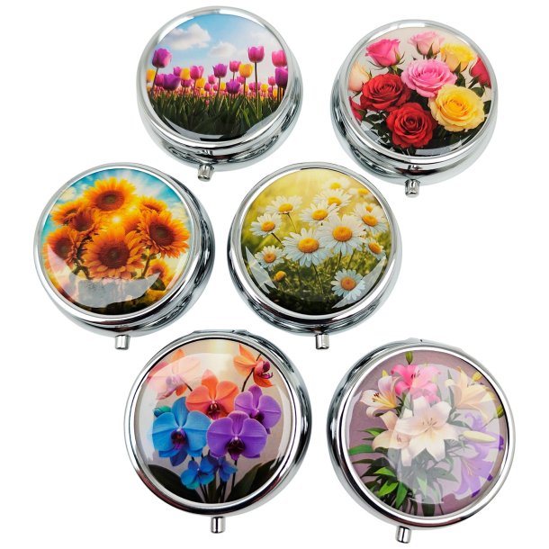 Pilleske Populre Blomster Rund Metal Pilleboks 